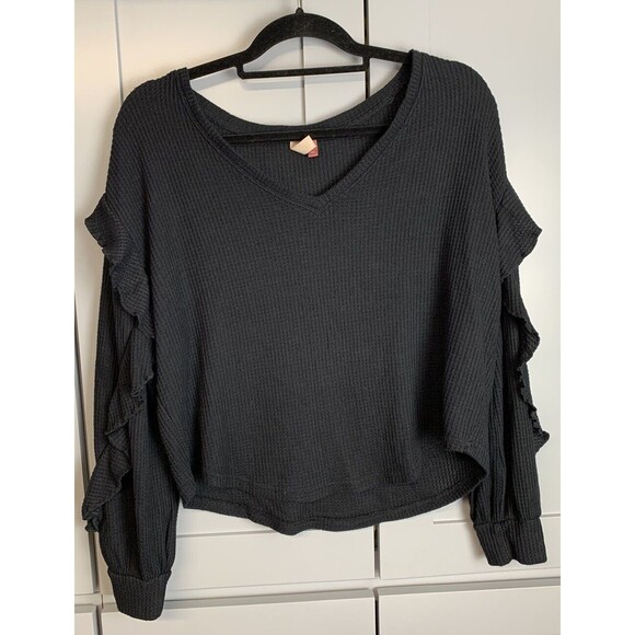 Pilcro Womens Sweater Medium Black Ruffle Arms Waffle Knit Bohemian V Neck Boho - Picture 1 of 7